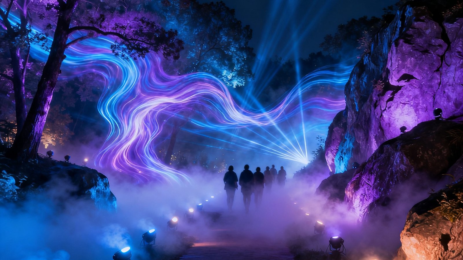 夜幕下的山林步道被夜游光影秀点亮，数百盏隐藏式LED灯投射出流动的极光色彩在树木与岩石表面，小径两侧的雾森系统释放薄雾与光束交织，游客穿行其中如同步入仙境